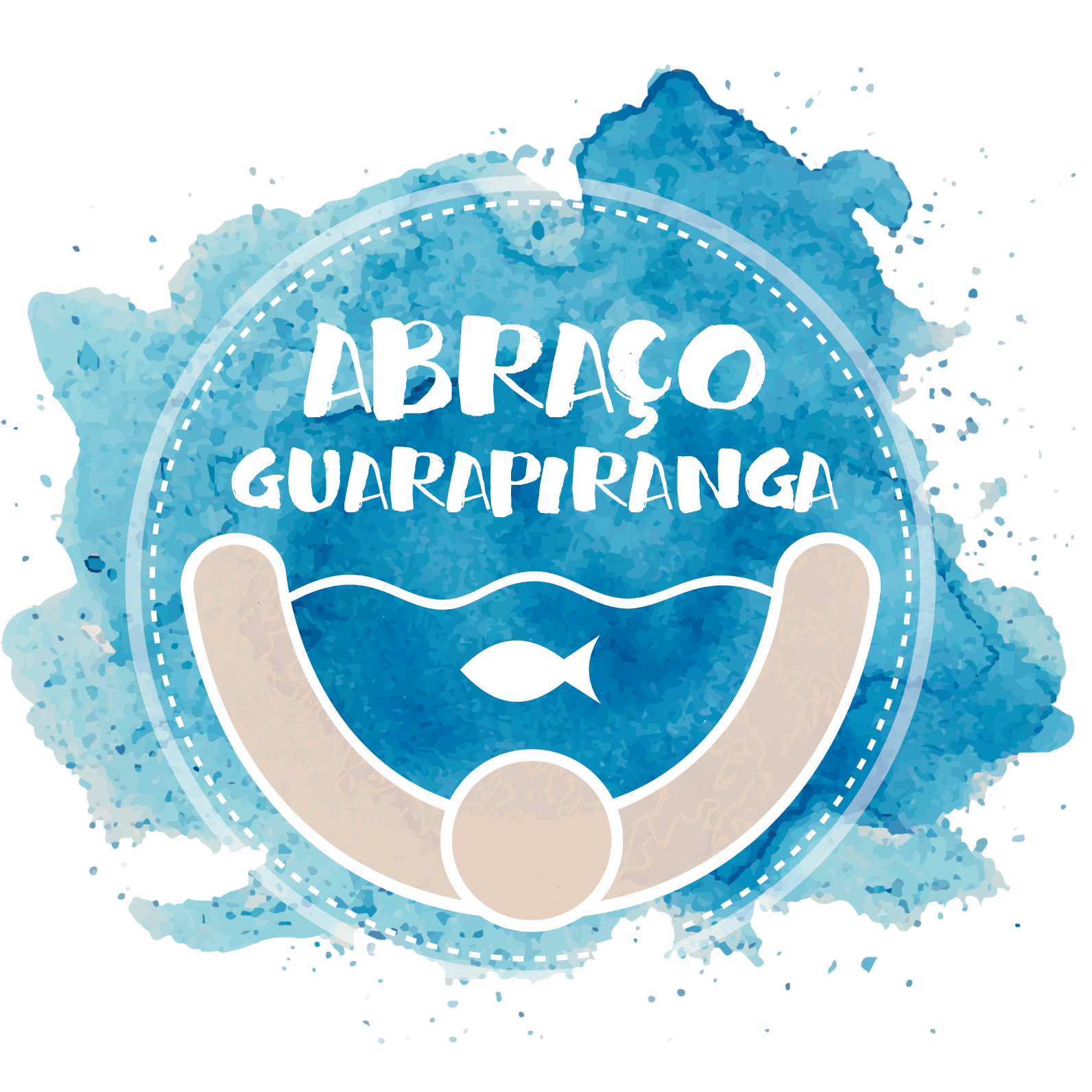 Logotipo do Abraço Guarapiranga, com um peixe pequeno ao centro da imagem, dentro de uma represa. 